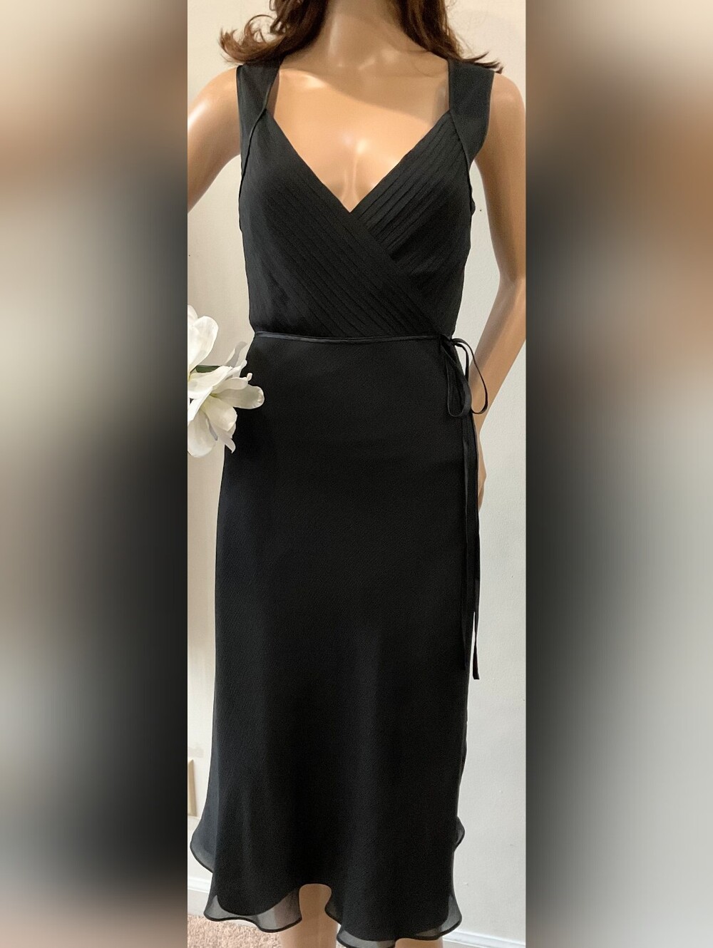Isaac Mizrahi Black Sleeveless Faux-Wrap Midi Dress with Side Tie Detail